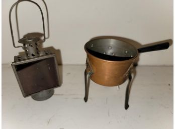 2 Miniatures - Footed Copper Pan And Red Glass Barn Lantern, 3' H