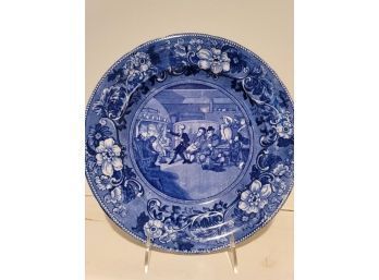 Ironstone Transfer Plate, Blue And White, 'Doctor Syntax Reading His Tour,' 10.5' Dia.