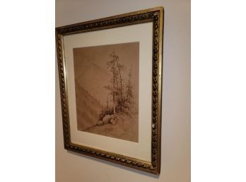Watercolor Of Landscape, Signed Lower Right H.N. Sherman 05, Trees On Mountainside, Frame Damaged, 15' X 12'
