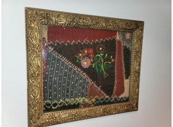 Framed Patchwork Quilt Fragment, Painted Gold Embossed Frame, Some Damage To Frame, Overall 15.5' X 14'