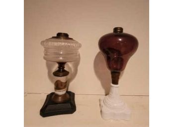 2 Kerosene Whale Oil Lamps, One With Milk Glass Base And Purple Font, 12' H And One With Iron Base, 11.5' H, N