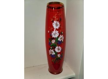 Glass Vase With Flowers, Red Glass, Gold Band, 18' H
