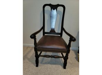 Arm Chair, Walnut, Carved Urn Back, Leather Seat With Brass Studs