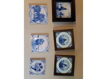 6 Blue And White Tiles - 3 Framed, 3 Not Framed