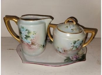 3 Piece German China Set - Creamer, Sugar And Tray, Painted Flowers, Gold Edge, 4' Creamer And Sugar And Tray