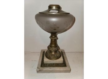 Kerosene Lamp Base, Brass And Marble, Etched Font, No Burner Or Chimney