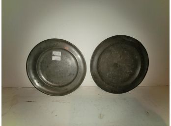 2 Pewter Plates, One By Samuel Ellis 9.5' Dia, One Has Touchmarks And F.A.W. With Owner's Initials T.L. Horn,