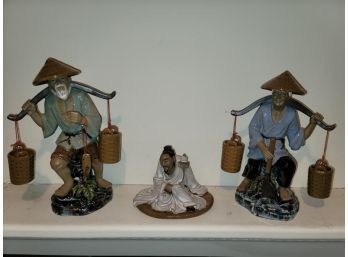 3 Modern Chinese Pottery Figures With Water Buckets And Fish, (2) Are 12' H And One Is 6' H