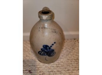 F.B. Norton Jug With Blue Flower, Worcester, MA, 1 Gallon, Chip On Lip, Crack At Top Of Throat, 12' H