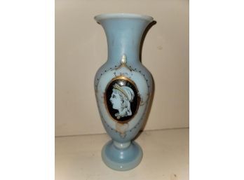 Glass Vase With Portrait, Blue Glass, With Pontil Mark, Some Gold Worn Off, 9.5' H