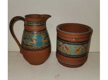 2 Pieces Of Terra Cotta, Kirkhams England, Open Jar (no Lid) 4.5' H And Pitcher 6' H