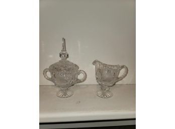 Cut Glass Creamer And Sugar, With Cover, Etched Flowers, 8' To Top Of Finial