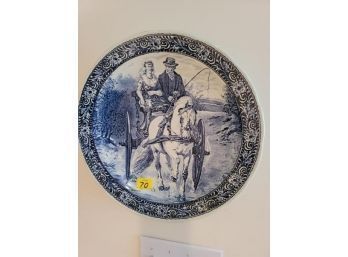 Delft Plate, Horse And Wagon With Man And Woman, Boch, Belgium, 15' Dia.
