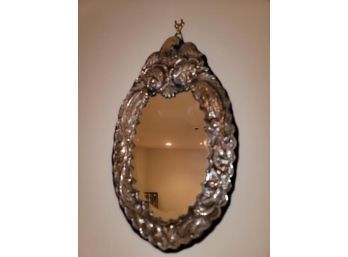 Eagle Wall Mirror, Silver Color, No Mark, Raised And Scrolled Frame With Eagle At Crest, Beveled Glass, Velvet