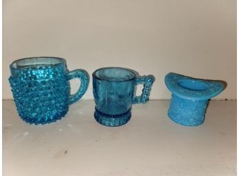 3 Pieces Of Blue Glass - 3' Hobnail Mug With Chips On Rim, 2.5' Pressed Glass Baby Cup With Dog And Bird And