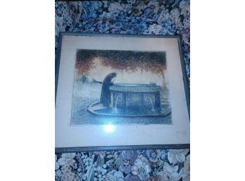 Etching, Man At Fountain, Pencil Signed