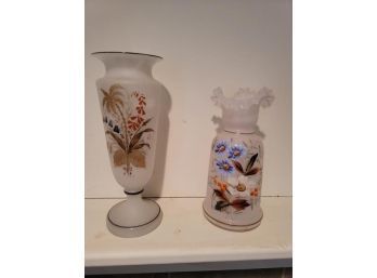 2 Bristol Glass Vases, Painted, One Ruffled Edge, 11' X 13'