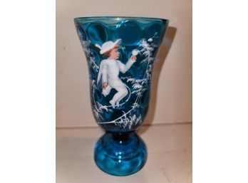 Mary Gregory Vase, Blue Glass, Boy With Bird In Tree Branches, Gold Edge Is Worn, 5.5' H