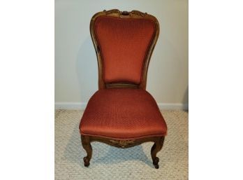 Victorian Side Chair, Upholstered, Scrolled And Carved Flower On Back Crest