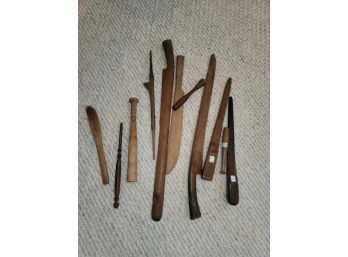 Lot Of 12 Wooden Ware Utensils - 2 Rush Seat Stuffers, Feather Dusters (one Utensil Not Pictured)