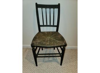 Side Chair, Rush Seat, Painted Black, 4 Spindle Back, Small Crack On One Arm, 18' To Top Of Seat