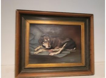 Oil On Canvas, Dog Lying Down Eating, Entitled 'Laurie' By Virginia Dietrich, 1968, 16' W X 12' H With 3' Fram