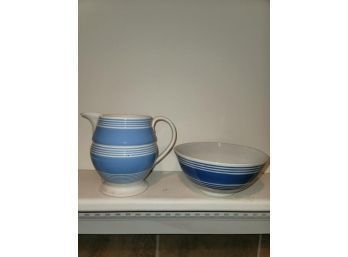 Pottery Bowl And Pitcher, Blue And White Band, Bowl Is 4' X 8.5' D And Pitcher Is 7' H With Hairline Crack In