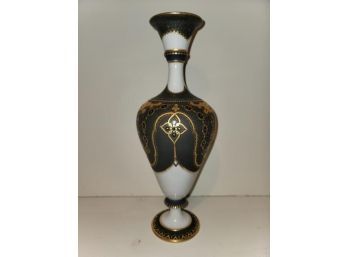Porcelain Vase, White With Black And Gold Color Design, 5' D X 12.5' H