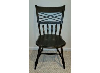 Windsor Side Chair, Thumb Back, Painted Black With Line Stenciling, 4 Half Arrows - Worn On Edges, Worn Spots