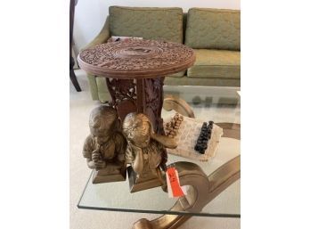 Lot: Pair Of Statues, Chess Set, Carved Plant