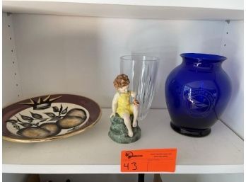 Lot: (1) Blue Glass Vase 'Pine Orchard Yacht & Country Club' (1) Clear Glass Vase (1) Bowl (1) Boy With Bird, Royal Worchester 'Friday's Child Is Loving & Giving'