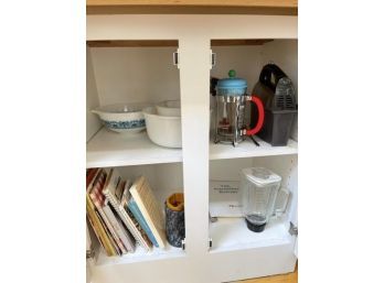 Kitchen Lot: Cookbooks, (2) Coffee Pots, (3) Bowls, (1) Hand Held Mixer, (1) Blender Top With No Base