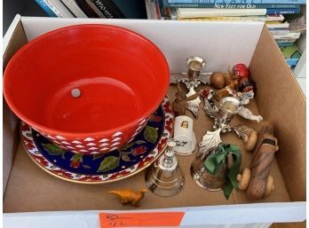 Box Lot Of Christmas Theme Items Of Plate, Bowl, Angels, Bells, Candlesticks, Plus (1) Wooden Car