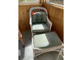 White Wicker Chair With Ottoman, Green Cushions In