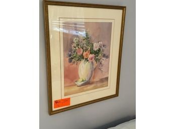 Signed Terry Bogan A Local CT Artist, Water Color Of Flowers, 20'x24', Small Oval Hanging Wall Mirror 21'x12'