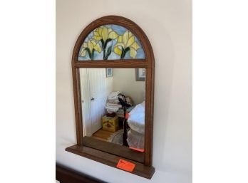 Mirror With Sained Glass Top Section, Wooden Frame With Small Shelf, 35'x25'