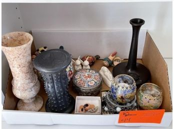 Box Lot Of Small Vases, Candle Stand, Asian Covered Jar, Animals, Angels, Baby Jesus, Round Box With Lid (broken)