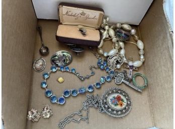Jewelry Lot: All Costume (3) Pins, (3) Pairs Of Clip On Earrings, (2) Necklaces