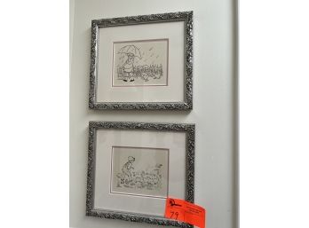 Pair Of Framed & Matted Pen On Paper Of Child With Ducks, E. Goodhand Davis, 12'x10.5'