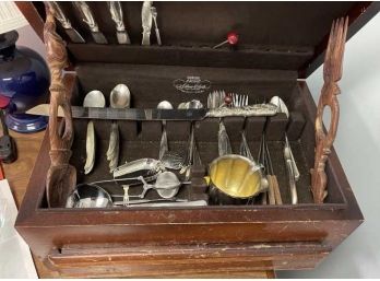 Silver Plate  Flatware In Wooden Box, Mismatch Of Forks, Knives & Spoons