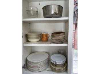 Kitchen Lot: Bowls (mismatched Of Metal Mixing, Small Wooden, Small Glass), Dinner Plates (16) England, Mikasa Bowls & Salad Plates