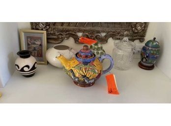 Tea Pot, 1998, Hand Painted & Signed, Glass Covered Jar, Vase, Pot, (2) Japanese Jars, (1) Framed Textile From Peru
