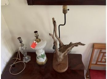 Lot Of (3) Lamps: Clear Glass, Ceramic With Ivy Pattern, Drift Wood With Wooden Base
