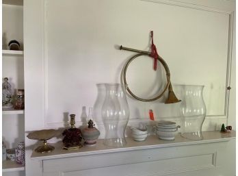 Lot: French Horn, Pair Of Glass Hurricanes, Cream & Sugar, Brass Candle Sticks, Compote, Oil Lamp