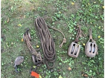 Lot Of (4) Wooden Block / Pulleys With Rope