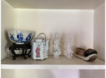 Shelf Lot: Japanese Bowl With Stand, Mini Tea Pot With Cracked Lid, (2) Porcelain Figures, (1) Japanese Girls Shoe