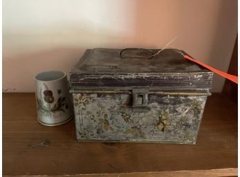 Tole Tin Box With Lift Top, Handle, Paint Loss