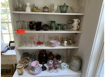 Lot Of (4) Shelves Of Misc. Glassware Some With Cracks, Cups, Salt & Pepper, Mugs