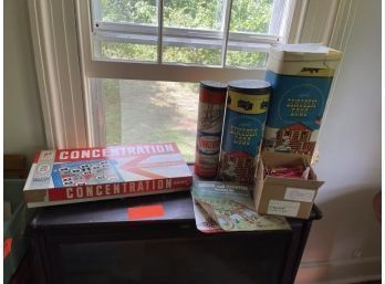 Box Lot Of Child Toy: Lincoln Logs, Tinker Toys, Concentration