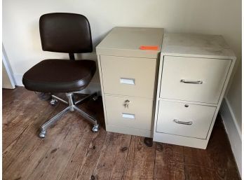 Pair Of Metal 2 Drawer File Cabinets & Rolling Desk Chair